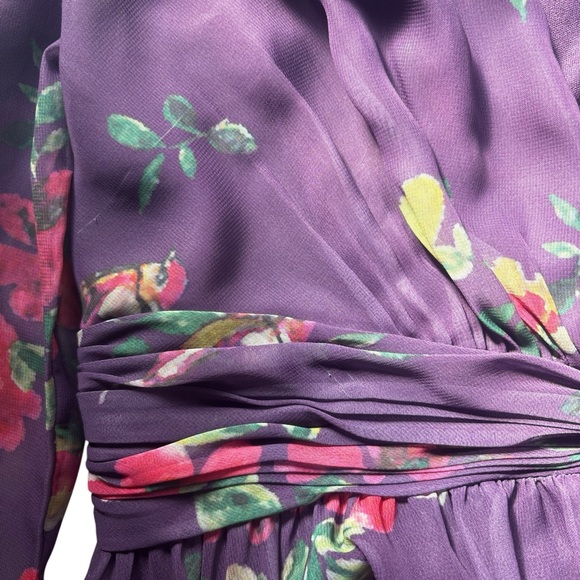 Mac Duggal Floral Plunge Neck Slit Ruched Long Sleeve Gown Dress Purple Size 8 - Picture 9 of 13
